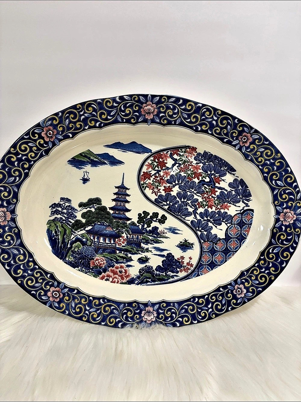 Blue & Cream Japanese Pagoda Oval Serving Platter